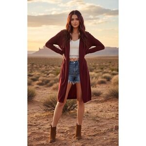 By ANTHROPOLOGIE Pointelle Long Cardigan‎ Sweater Purple Burgundy Cottage Medium